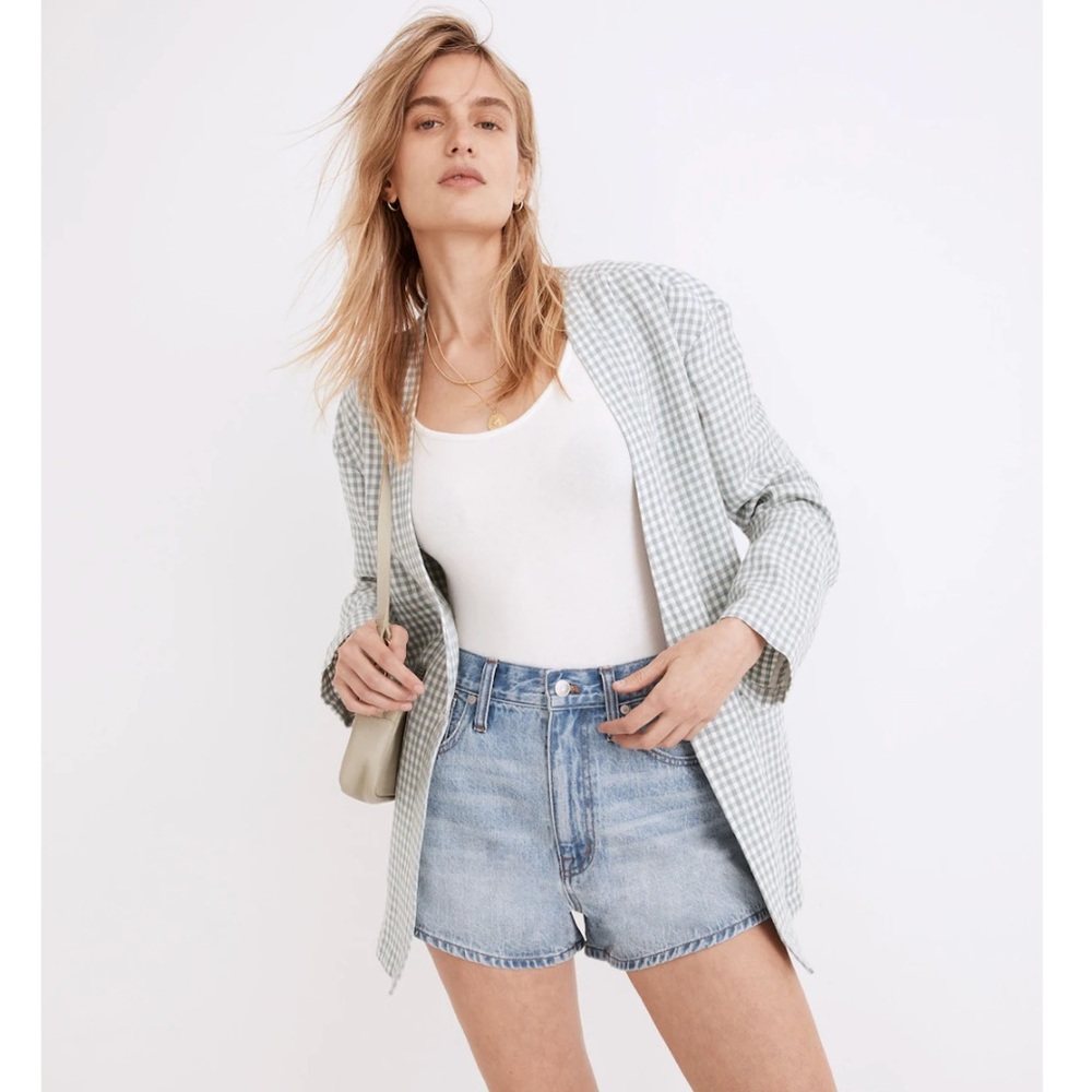 Madewell Linen Collarless Blazer in Gingham Check